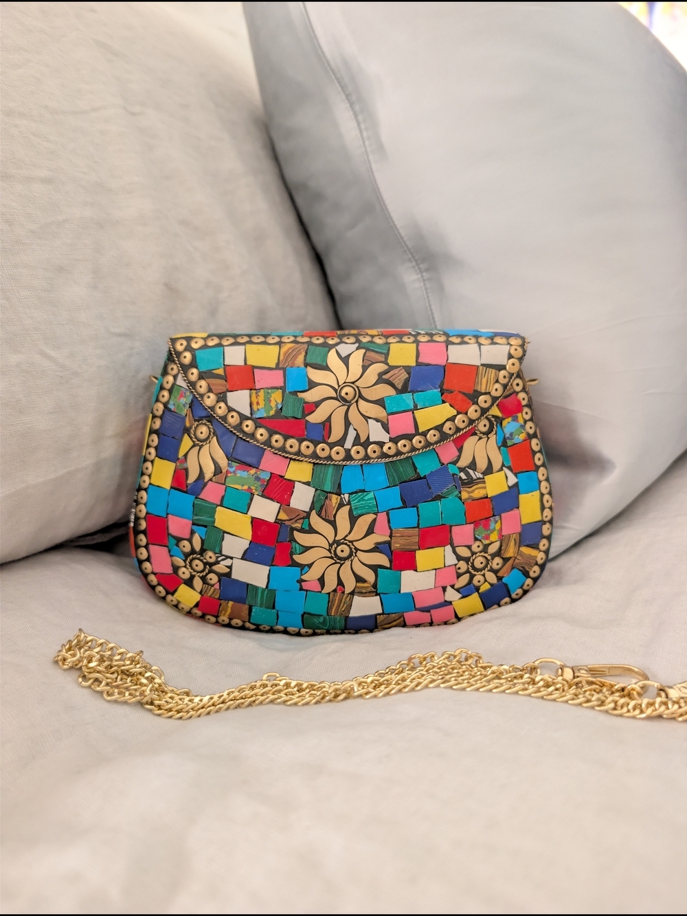 RAMLA Handmade Mosaic Tile Stone Gold Crossbody Clutch Bag - Brand New!